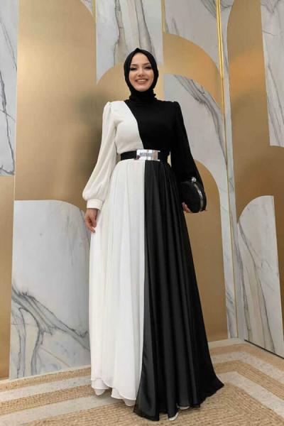 2 Renk Şifon Elbise Beyaz Siyah