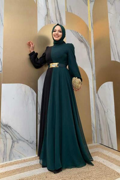 2 Renk Şifon Elbise Zümrüt