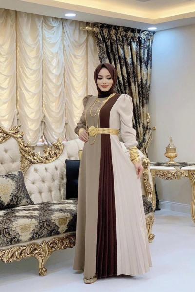 3 Renk Krep Elbise Kahverengi