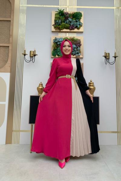 3 Renk Krep Elbise Fuşya