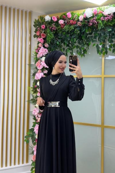 Asell Aynalı  Kemerli Şifon Elbise Siyah