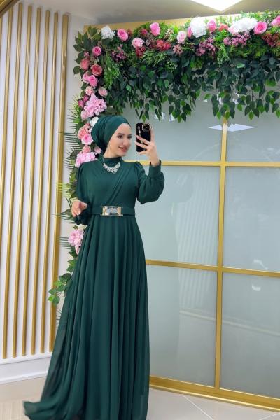 Asell Aynalı  Kemerli Şifon Elbise Zümrüt