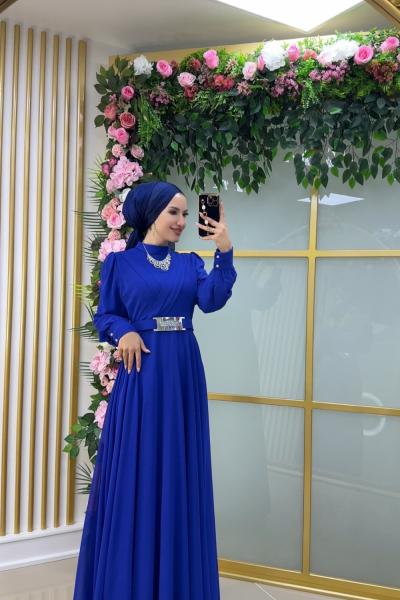 Asell Aynalı  Kemerli Şifon Elbise Saks Mavisi