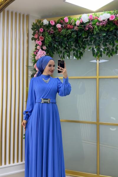 Asell Aynalı  Kemerli Şifon Elbise Açık Mavi