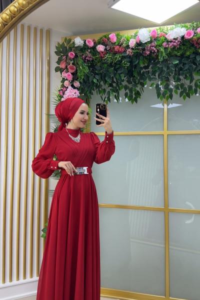 Asell Aynalı  Kemerli Şifon Elbise Kırmızı