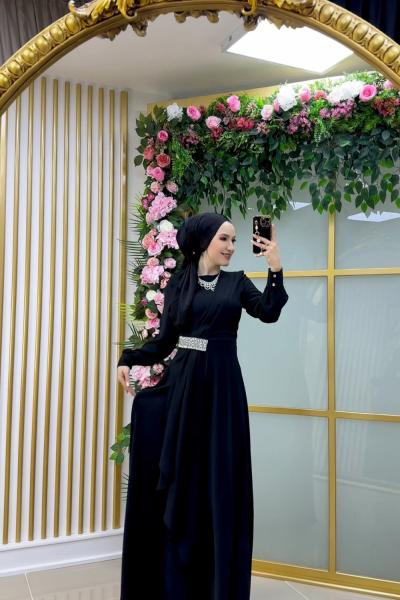 Asell Yandan Taşlı Krep Elbise Siyah