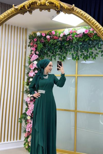 Asell Yandan Taşlı Krep Elbise Zümrüt