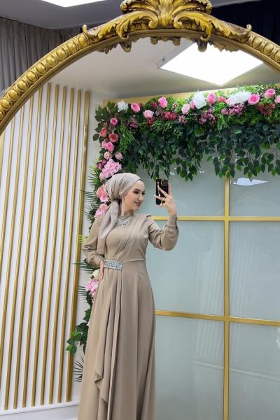 Asell Yandan Taşlı Krep Elbise Vizon