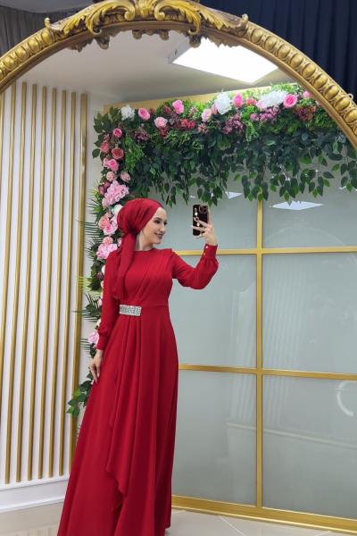 Asell Yandan Taşlı Krep Elbise Kırmızı