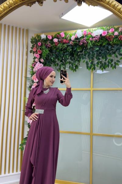 Asell Yandan Taşlı Krep Elbise Mürdüm