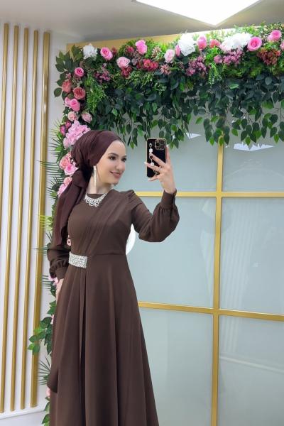 Asell Yandan Taşlı Krep Elbise Acı Kahve