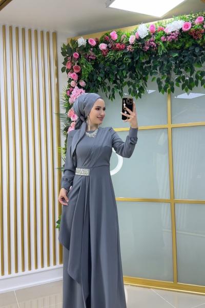 Asell Yandan Taşlı Krep Elbise Gri