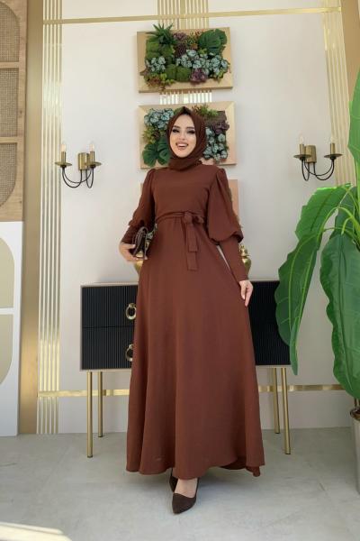 Balon Kol Elbise Kahverengi