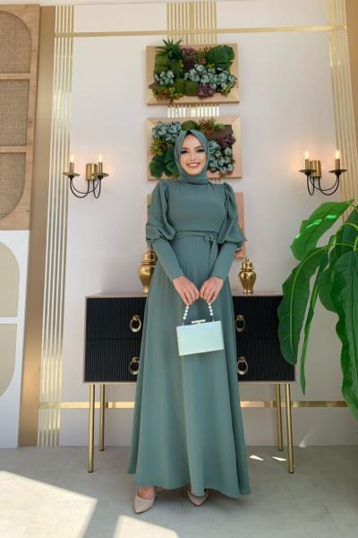 Balon Kol Elbise Mint Yeşili