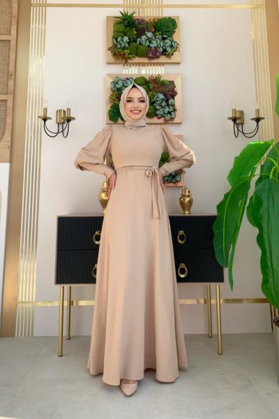 Balon Kol Elbise Taş Rengi