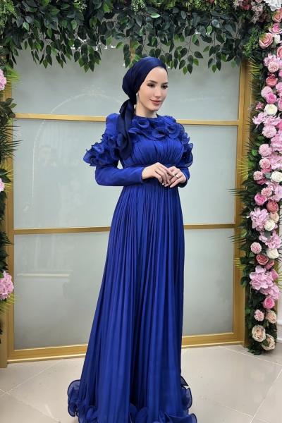 Çiçek abiye Saks Mavisi