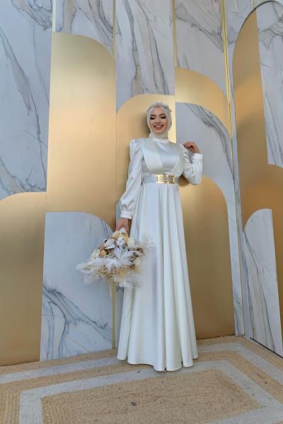 Çift Şeritli Saten Elbise Beyaz