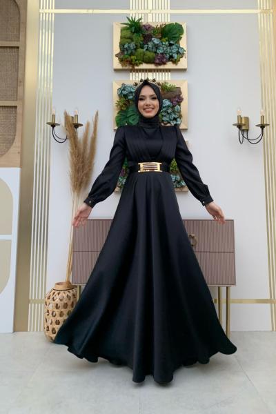 Çift Şeritli Saten Elbise Siyah