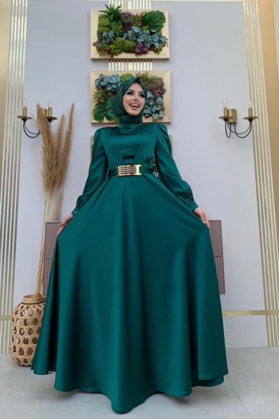 Çift Şeritli Saten Elbise Zümrüt