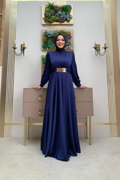 Çift Şeritli Saten Elbise Lacivert