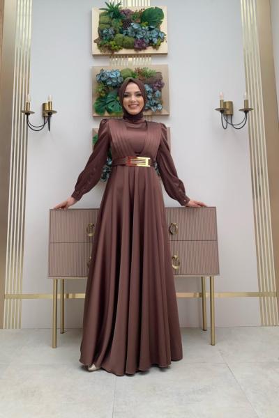 Çift Şeritli Saten Elbise Kahverengi