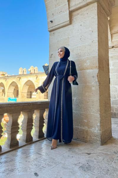 Düz İncili Abaya Takım  Lacivert