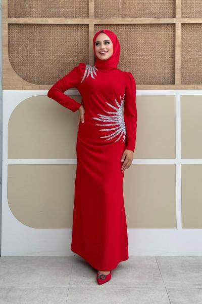 Elmas Krep Elbise Kırmızı