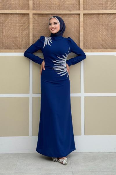 Elmas Krep Elbise Saks Mavisi