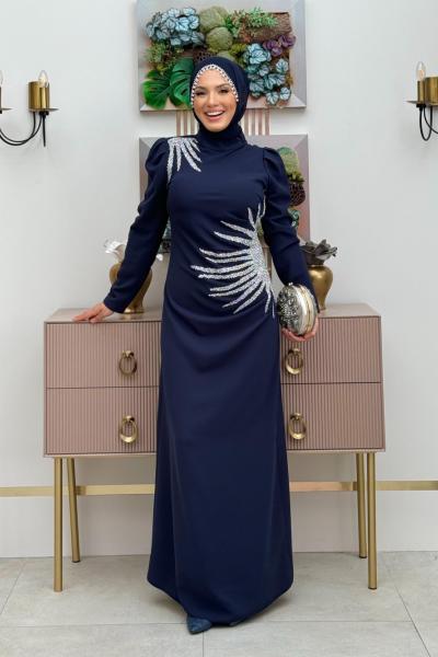 Elmas Krep Elbise Lacivert