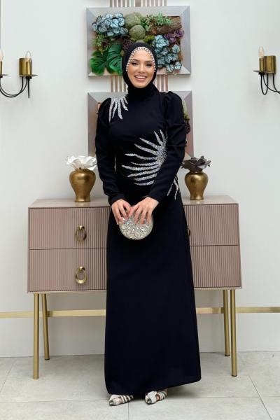 Elmas Krep Elbise Siyah