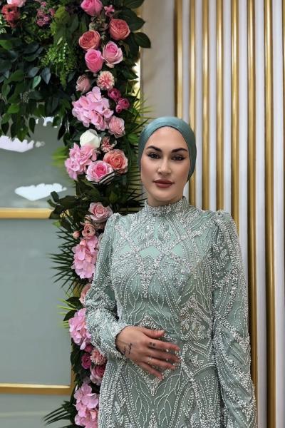 Filiz Beyaz Boncuk İşlemeli  Su Yeşili