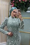 Filiz Beyaz Boncuk İşlemeli  Su Yeşili