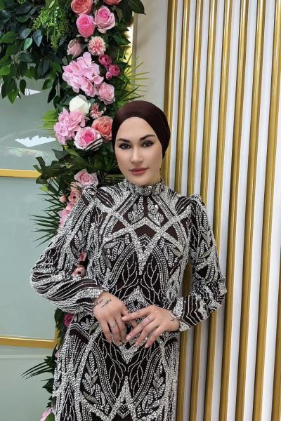 Filiz Beyaz Boncuk İşlemeli  Kahverengi