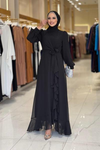 Fırfırlı Şifon Elbise  Siyah