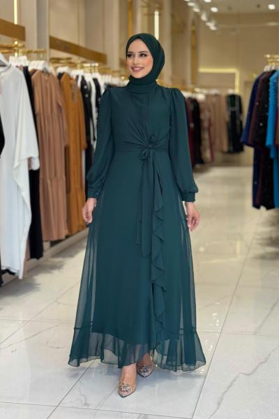 Fırfırlı Şifon Elbise  Zümrüt