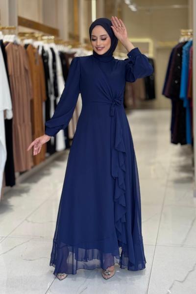 Fırfırlı Şifon Elbise  Lacivert
