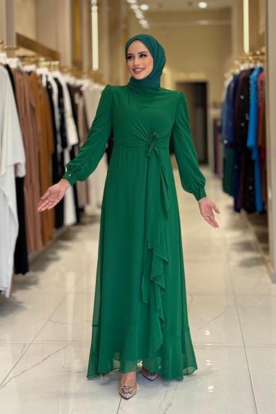 Fırfırlı Şifon Elbise Yeşil