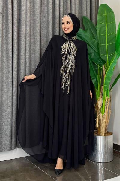 Göğsü İşlemeli Abaya Takım   Siyah