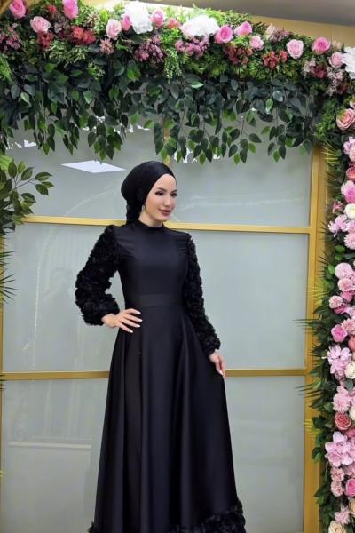 Gül Saten Abiye Siyah