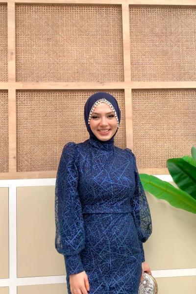 İncili Şifon Şal Lacivert