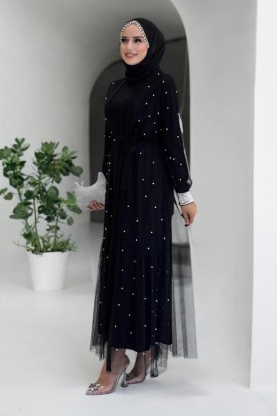 İncili Tül Abaya Takım  Siyah