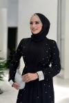 İncili Tül Abaya Takım  Siyah