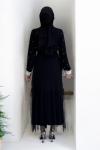 İncili Tül Abaya Takım  Siyah