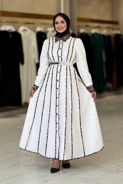 Kemerli Leopar Desenli Elbise  Beyaz