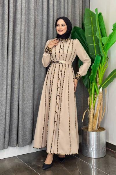 Kemerli Leopar Desenli Elbise  Krem