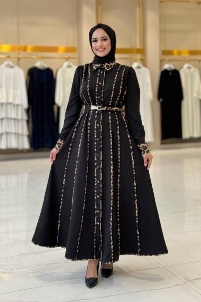 Kemerli Leopar Desenli Elbise  Siyah