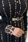 Kemerli Leopar Desenli Elbise  Siyah