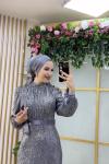 Kolu Kuşaklı Payet Abiye Gri