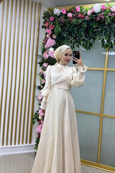 Kolu Taşlı Suzan Abiye  Krem