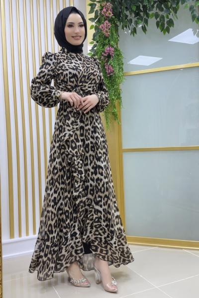 Leopar Şifon Astarlı Elbise  Leopar